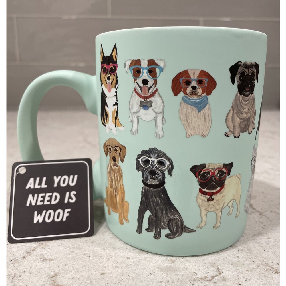 DOGS IN GLASSES & BANDANNAS Aqua Blue Soft Touch Mug Gift Tag Assorted Dog NEW